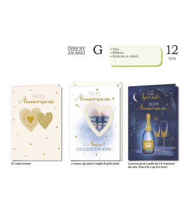 Biglietto CROMO ANNIVERSARIO CON RILIEVO E INTERNO A COLORI CONF. 12 PZ. ASSORTITI