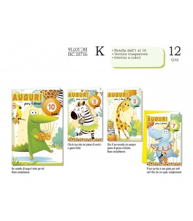Biglietto CROMO COMPLEANNO CON ROTELLA DA 1 A 10 ANNI E INTERNO A COLORI CONF. 12 PZ. ASSORTITI