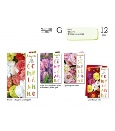 Biglietto CROMO COMPLEANNO FEMMINILE CON FIORI E RILIEVO CONF. 12 PZ. ASSORTITI