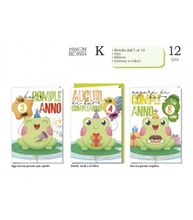Biglietto CROMO COMPLEANNO BAMBINI CON ROTELLA  DA 1 A 10 ANNI CONF. 12 PZ. ASSORTITI