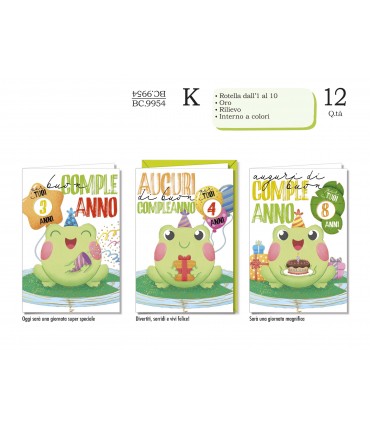 Biglietto CROMO COMPLEANNO BAMBINI CON ROTELLA  DA 1 A 10 ANNI CONF. 12 PZ. ASSORTITI