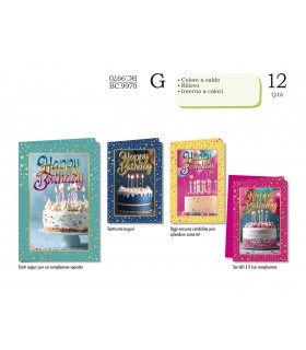 Biglietto CROMO COMPLEANNO CON INTERNO A COLORI E RILIEVO CONF. 12 PZ. ASSORTITI