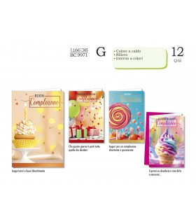 Biglietto CROMO COMPLEANNO CON INTERNO A COLORI E RILIEVO CONF. 12 PZ. ASSORTITI