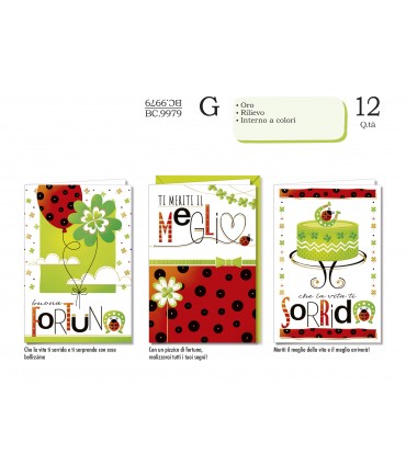 Biglietto CROMO COMPLEANNO FORTUNA CON RILIEVO E INTERNO A COLORI CONF. 12 PZ. ASSORTITI