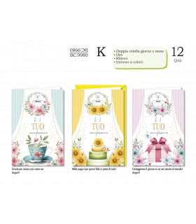Biglietto CROMO COMPLEANNO FEMMINILE CON DOPPIA ROTELLA GIORNO/MESE CONF. 12 PZ. ASSORTITI
