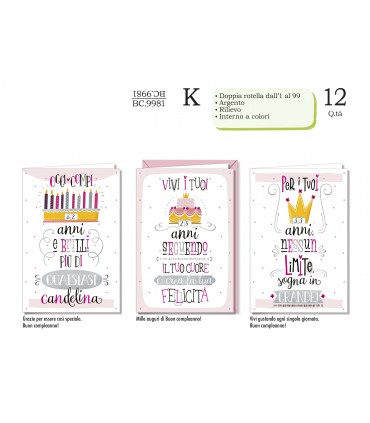 Biglietto CROMO COMPLEANNO CON ROTELLA GIORNO/MESE CONF. 12 PZ. ASSORTITI
