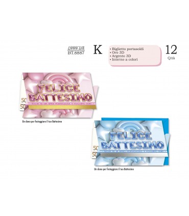 Biglietto CROMO BATTESIMO PORTASOLDI CON LAVORAZIONI IN 3D CONF. 12 PZ. ASSORTITI