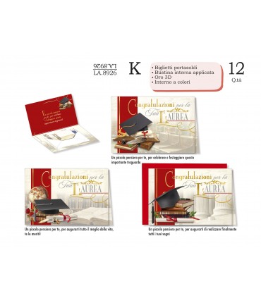 Biglietto CROMO LAUREA PORTASOLDI E LAVORAZIONI IN ORO IN 3D CONF. 12 PZ. ASSORTITI