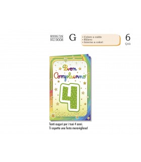 Biglietto CROMO COMPLEANNO 4 ANNI CON RILIEVO E INTERNO A COLORI CONF. 6 PZ.