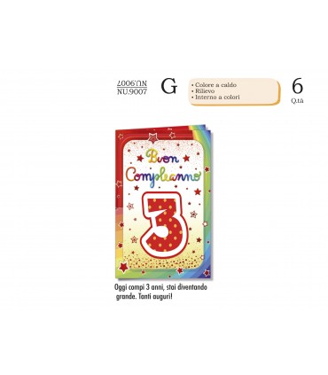 Biglietto CROMO COMPLEANNO 3 ANNI CON RILIEVO E INTERNO A COLORI CONF. 6 PZ.