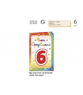 Biglietto CROMO COMPLEANNO 6 ANNI CON RILIEVO E INTERNO A COLORI CONF. 6 PZ.