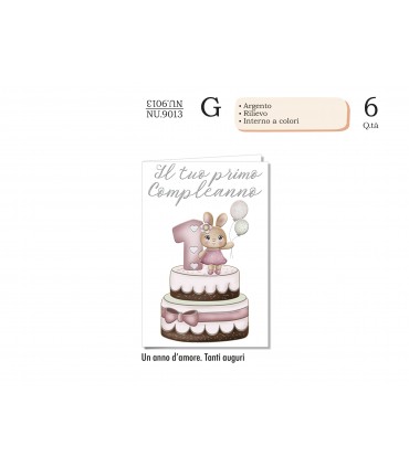 Biglietto CROMO COMPLEANNO LEI 1 ANNO CON RILIEVO E INTERNO A COLORI CONF. 6 PZ.