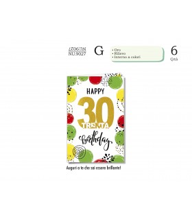 Biglietto CROMO COMPLEANNO 30 ANNI CON RILIEVO E INTERNO A COLORI CONF. 6 PZ.