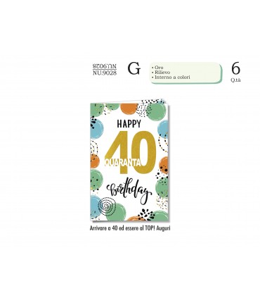 Biglietto CROMO COMPLEANNO 40 ANNI CON RILIEVO E INTERNO A COLORI CONF. 6 PZ.