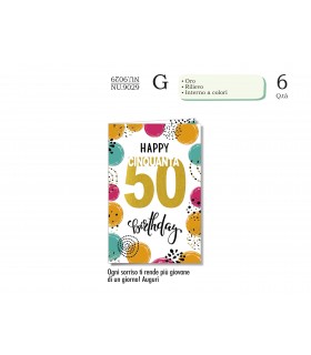Biglietto CROMO COMPLEANNO 50 ANNI CON RILIEVO E INTERNO A COLORI CONF. 6 PZ.
