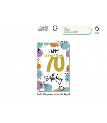 Biglietto CROMO COMPLEANNO 70 ANNI CON RILIEVO E INTERNO A COLORI CONF. 6 PZ.