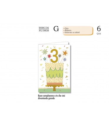 Biglietto CROMO COMPLEANNO BAMBINI 3 ANNI CON RILIEVO E INTERNO A COLORI CONF. 6 PZ.