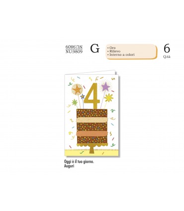Biglietto CROMO COMPLEANNO BAMBINI 4 ANNI CON RILIEVO E INTERNO A COLORI CONF. 6 PZ.