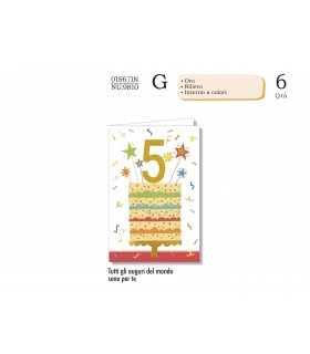 Biglietto CROMO COMPLEANNO BAMBINI 5 ANNI CON RILIEVO E INTERNO A COLORI CONF. 6 PZ.