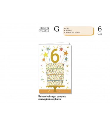 Biglietto CROMO COMPLEANNO BAMBINI 6 ANNI CON RILIEVO E INTERNO A COLORI CONF. 6 PZ.