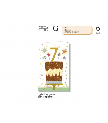 Biglietto CROMO COMPLEANNO BAMBINI 7 ANNI CON RILIEVO E INTERNO A COLORI CONF. 6 PZ.