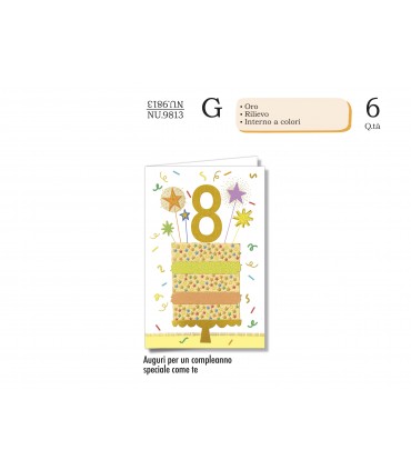 Biglietto CROMO COMPLEANNO BAMBINI 8 ANNI CON RILIEVO E INTERNO A COLORI CONF. 6 PZ.