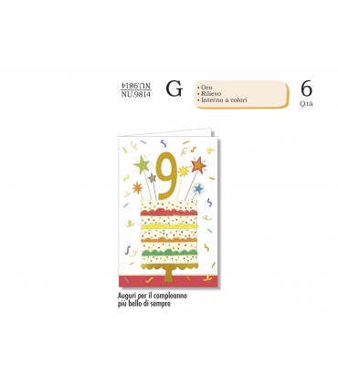 Biglietto CROMO COMPLEANNO BAMBINI 9 ANNI CON RILIEVO E INTERNO A COLORI CONF. 6 PZ.