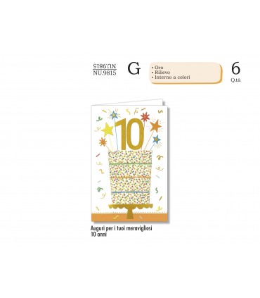Biglietto CROMO COMPLEANNO BAMBINI 10 ANNI CON RILIEVO E INTERNO A COLORI CONF. 6 PZ.