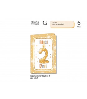Biglietto CROMO COMPLEANNO BAMBINI 2 ANNI CON GLITTER E INTERNO A COLORI CONF. 6 PZ.