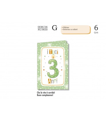 Biglietto CROMO COMPLEANNO BAMBINI 3 ANNI CON GLITTER E INTERNO A COLORI CONF. 6 PZ.