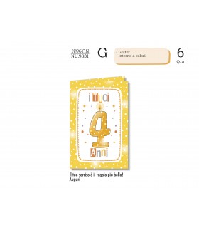 Biglietto CROMO COMPLEANNO BAMBINI 4 ANNI CON GLITTER E INTERNO A COLORI CONF. 6 PZ.