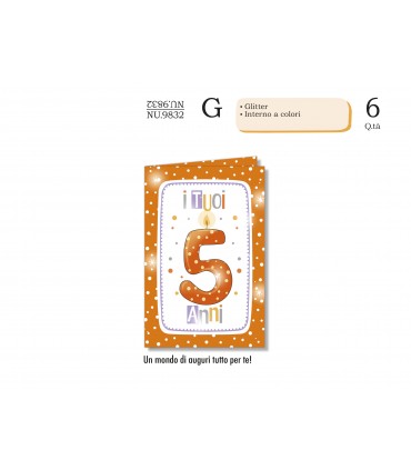 Biglietto CROMO COMPLEANNO BAMBINI 5 ANNI CON GLITTER E INTERNO A COLORI CONF. 6 PZ.