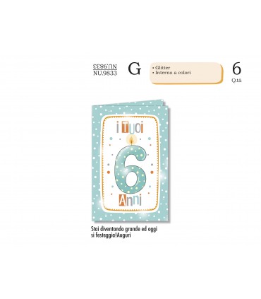 Biglietto CROMO COMPLEANNO BAMBINI 6 ANNI CON GLITTER E INTERNO A COLORI CONF. 6 PZ.
