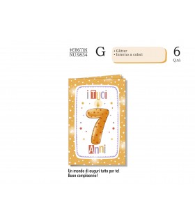 Biglietto CROMO COMPLEANNO BAMBINI 7 ANNI CON GLITTER E INTERNO A COLORI CONF. 6 PZ.