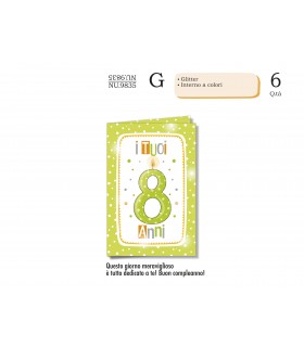Biglietto CROMO COMPLEANNO BAMBINI 8 ANNI CON GLITTER E INTERNO A COLORI CONF. 6 PZ.