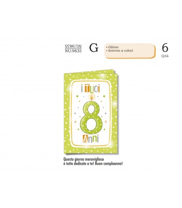 Biglietto CROMO COMPLEANNO BAMBINI 8 ANNI CON GLITTER E INTERNO A COLORI CONF. 6 PZ.