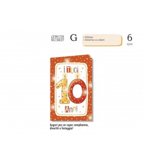 Biglietto CROMO COMPLEANNO BAMBINI 10 ANNI CON GLITTER E INTERNO A COLORI CONF. 6 PZ.