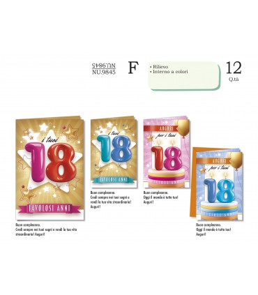 Biglietto CROMO COMPLEANNO 18 ANNI CON INTERNO A COLORI CONF. 12 PZ. ASSORTITI