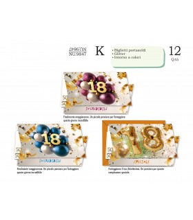 Biglietto CROMO COMPLEANNO 18 ANNI PORTASOLDI CON GLITTER CONF. 12 PZ. ASSORTITI