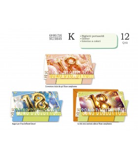 Biglietto CROMO COMPLEANNO 18 ANNI PORTASOLDI CON GLITTER CONF. 12 PZ. ASSORTITI
