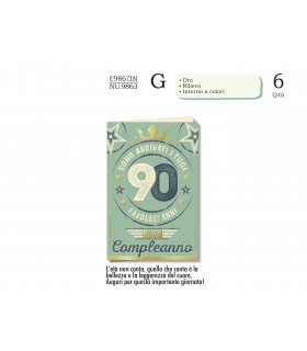 Biglietto CROMO COMPLEANNO 90 ANNI CON RILIEVO E INTERNO A  COLORICONF. 6 PZ.