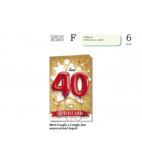 Biglietto CROMO COMPLEANNO 40 ANNI CON RILIEVO E INTERNO A  COLORICONF. 6 PZ.