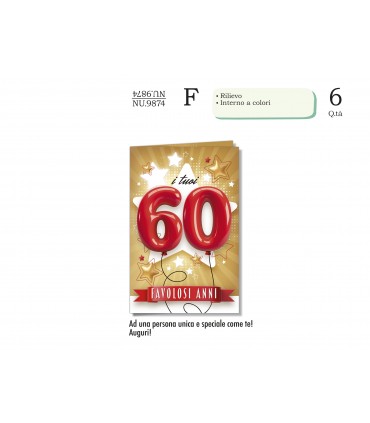 Biglietto CROMO COMPLEANNO 60 ANNI CON RILIEVO E INTERNO A  COLORICONF. 6 PZ.