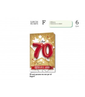 Biglietto CROMO COMPLEANNO 70 ANNI CON RILIEVO E INTERNO A  COLORICONF. 6 PZ.