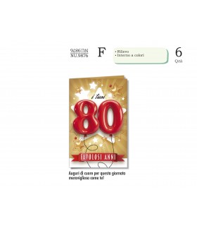 Biglietto CROMO COMPLEANNO 80 ANNI CON RILIEVO E INTERNO A  COLORICONF. 6 PZ.