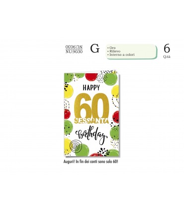 Biglietti Cromo Buon Compleanno "60 Anni" CON INTERNO A COLORI conf. 6 pz. Monosoggetto