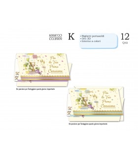 Biglietto CROMO PRIMA COMUNIONE PORTASOLDI CON LAVORAZIONE IN ORO CONF. 12 PZ. ASSORTITI