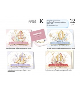 Biglietto CROMO CRESIMA PORTASOLDI CON LAVORAZIONE IN ORO IN 3D E INTERNO A COLORI CONF. 12 PZ. ASSORTITI