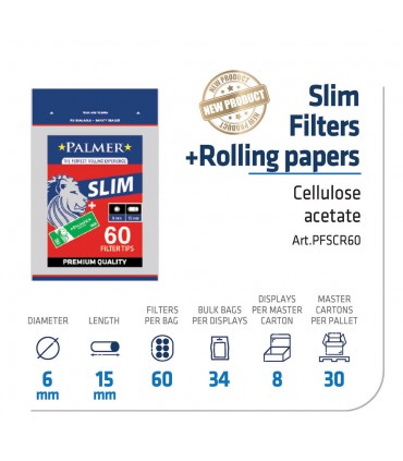 Filtri PALMER SLIM 6MM L.15 MM IN BUSTINA + CARTINA CORTA NERA CONF. 34 BUSTINE