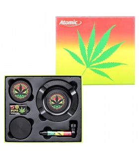 ATOMIC SET DA 4PEZZI IN METALLO PIPA POSACENERE E GRINDER DA 50MM CON 5 RETINE